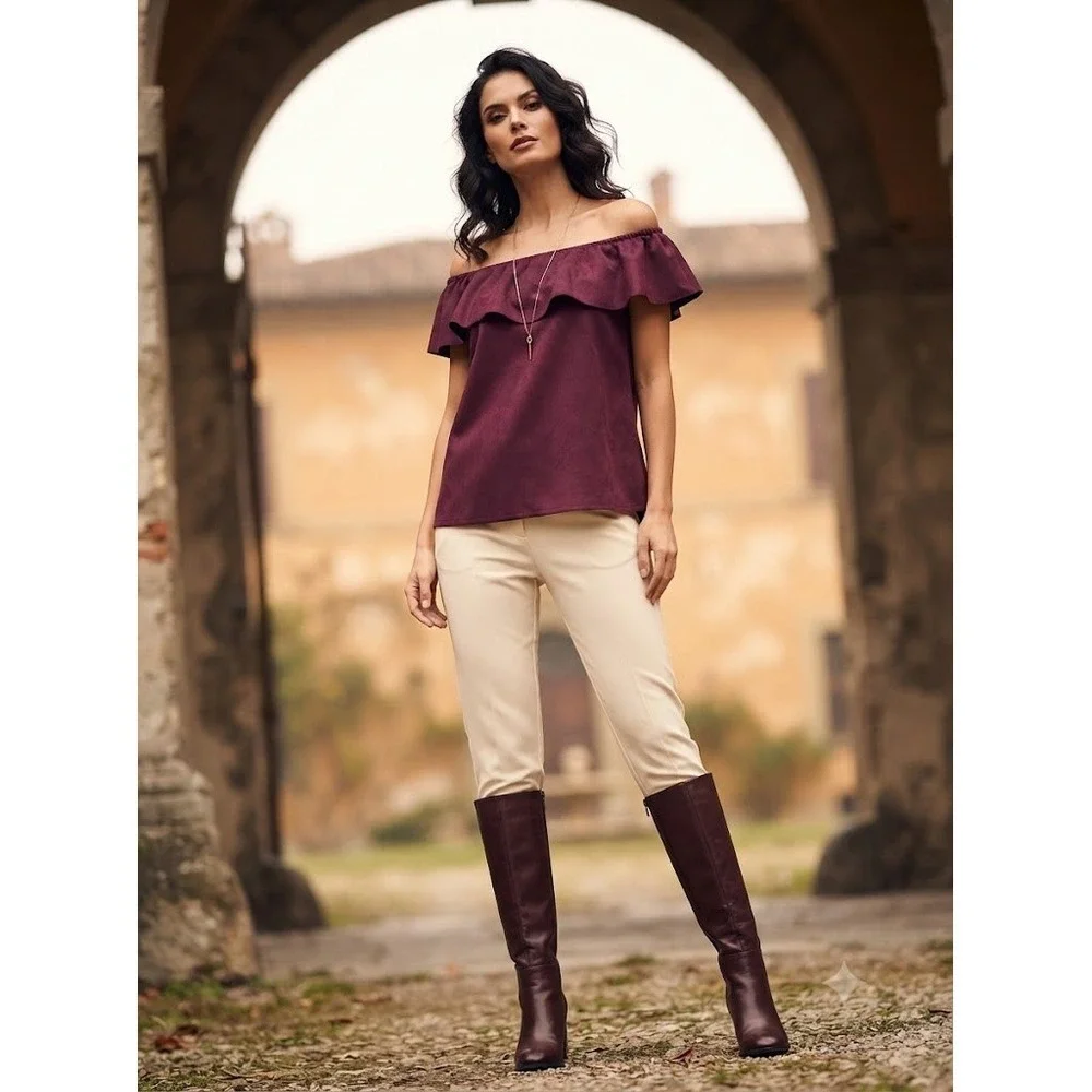 Karlie Burgundy Off The Shoulder faux suede Ruffle Top Plum Wine Textured Womens